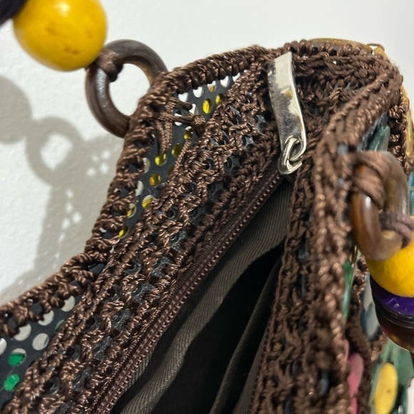 Handcrafted vintage bag coconut shell brown knit colorful bead floral boho Fall - Picture 6 of 11